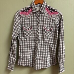 Panhandle Rough Stock Women Shirt Sz S Pearl Snap Embroider  Texas Cowgirl Rodeo